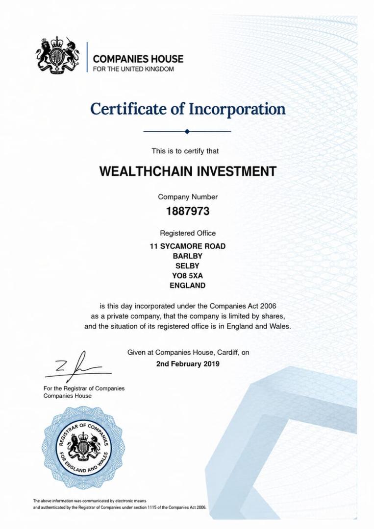 WealthChain Certificate of Incorporation